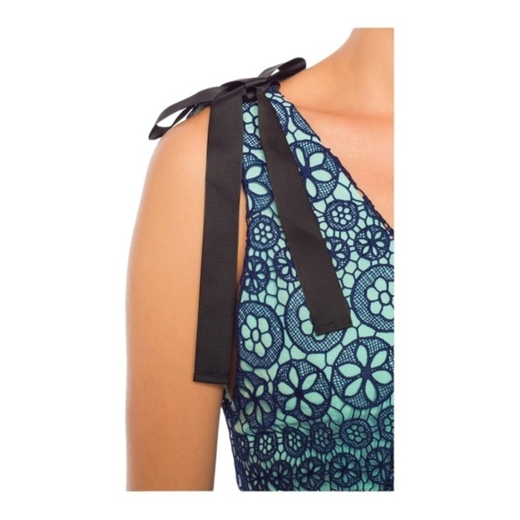 NWT SELF-PORTRAIT Blue Guipure Lace Tie Shoulder Tiered Mini Dress Size 00 - Picture 8 of 13